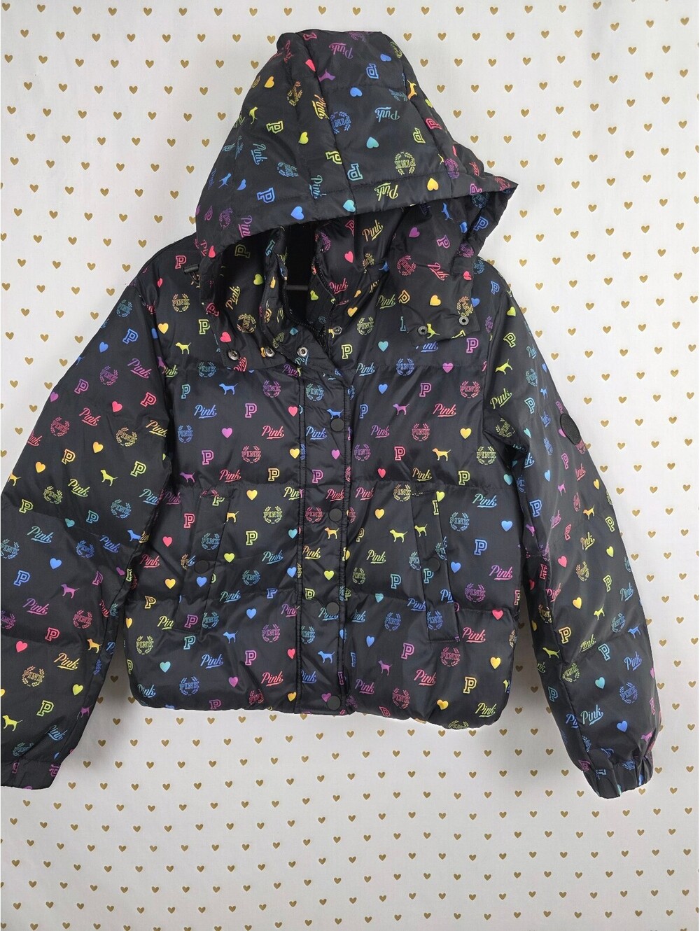RARE Victoria’s Secret PINK Rainbow Logo Puffer Jacket Hooded Small Black